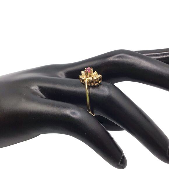 14K Yellow Gold Red Stone Diamond Cluster Ring Size 6.5 Fine Jewelry 2.5g - Picture 6 of 14